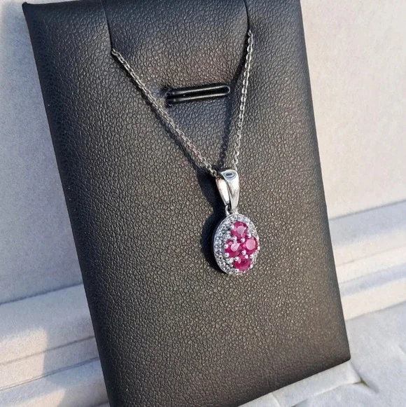 Natural Ruby & Natural White Zircon Style Necklace In 925 Sterling Silver - Picture 4 of 11